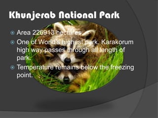 Khunjerab National Park
Area 226913 hectares.
 One of World’s highest park. Karakorum
high way passes through all length of
park.
 Temperature remains below the freezing
point.


 