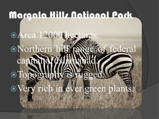Margala Hills National Park
Area

12000 hectares.
Northern hill range of federal
capital of Islamabad.
Topography is rugged.
Very rich in ever green plants.

 