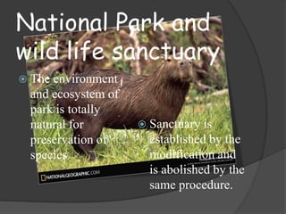 National Park and
wild life sanctuary
 The

environment
and ecosystem of
park is totally
natural for
preservation of
species

 Sanctuary is

established by the
modification and
is abolished by the
same procedure.

 