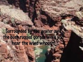 Surrounded by the water and 
the bush,rugged gorges were you 
hear the wind whoosh! 
 
