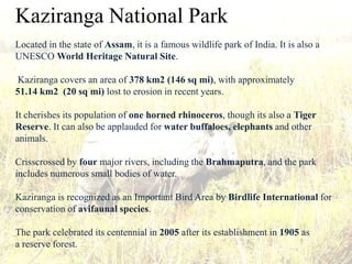 Kaziranga National Park
Located in the state of Assam, it is a famous wildlife park of India. It is also a
UNESCO World Heritage Natural Site.
Kaziranga covers an area of 378 km2 (146 sq mi), with approximately
51.14 km2 (20 sq mi) lost to erosion in recent years.
It cherishes its population of one horned rhinoceros, though its also a Tiger
Reserve. It can also be applauded for water buffaloes, elephants and other
animals.
Crisscrossed by four major rivers, including the Brahmaputra, and the park
includes numerous small bodies of water.
Kaziranga is recognized as an Important Bird Area by Birdlife International for
conservation of avifaunal species.
The park celebrated its centennial in 2005 after its establishment in 1905 as
a reserve forest.
 