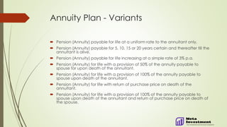 Annuity Plan - Variants
 Pension (Annuity) payable for life at a uniform rate to the annuitant only.
 Pension (Annuity) payable for 5, 10, 15 or 20 years certain and thereafter till the
annuitant is alive.
 Pension (Annuity) payable for life increasing at a simple rate of 3% p.a.
 Pension (Annuity) for life with a provision of 50% of the annuity payable to
spouse for upon death of the annuitant.
 Pension (Annuity) for life with a provision of 100% of the annuity payable to
spouse upon death of the annuitant.
 Pension (Annuity) for life with return of purchase price on death of the
annuitant.
 Pension (Annuity) for life with a provision of 100% of the annuity payable to
spouse upon death of the annuitant and return of purchase price on death of
the spouse.
 