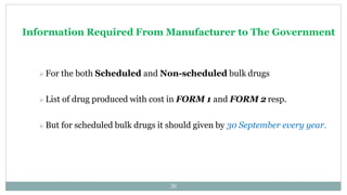 Information Required From Manufacturer to The Government
20
 For the both Scheduled and Non-scheduled bulk drugs
 List of drug produced with cost in FORM 1 and FORM 2 resp.
 But for scheduled bulk drugs it should given by 30 September every year.
 