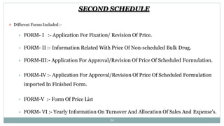 SECOND SCHEDULE
34
 Different Forms Included :-
 FORM- I :- Application For Fixation/ Revision Of Price.
 FORM- II :- Information Related With Price Of Non-scheduled Bulk Drug.
 FORM-III:- Application For Approval/Revision Of Price Of Scheduled Formulation.
 FORM-IV :- Application For Approval/Revision Of Price Of Scheduled Formulation
imported In Finished Form.
 FORM-V :- Form Of Price List
 FORM- VI :- Yearly Information On Turnover And Allocation Of Sales And Expense's.
 
