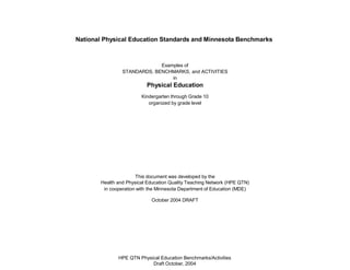 National Physical Education Standards and Minnesota Benchmarks
Examples of
STANDARDS, BENCHMARKS, and ACTIVITIES
in
Physical Education
Kindergarten through Grade 10
organized by grade level
HPE QTN Physical Education Benchmarks/Activities
Draft October, 2004
This document was developed by the
Health and Physical Education Quality Teaching Network (HPE QTN)
in cooperation with the Minnesota Department of Education (MDE)
October 2004 DRAFT
 