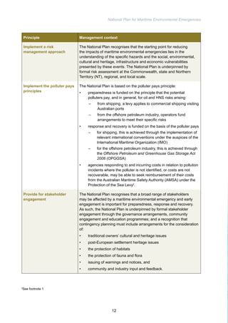 National Plan for Maritime Environmental Emergencies 
Principle Management context 
Implement a risk 
management approach 
The National Plan recognises that the starting point for reducing 
the impacts of maritime environmental emergencies lies in the 
understanding of the specific hazards and the social, environmental, 
cultural and heritage, infrastructure and economic vulnerabilities 
presented by these events. The National Plan is underpinned by 
formal risk assessment at the Commonwealth, state and Northern 
Territory (NT), regional, and local scale. 
Implement the polluter pays 
principles 
The National Plan is based on the polluter pays principle: 
• preparedness is funded on the principle that the potential 
polluters pay, and in general, for oil and HNS risks arising: 
– from shipping, a levy applies to commercial shipping visiting 
Australian ports 
– from the offshore petroleum industry, operators fund 
arrangements to meet their specific risks 
• response and recovery is funded on the basis of the polluter pays 
– for shipping, this is achieved through the implementation of 
relevant international conventions under the auspices of the 
International Maritime Organization (IMO) 
– for the offshore petroleum industry, this is achieved through 
the Offshore Petroleum and Greenhouse Gas Storage Act 
2006 (OPGGSA) 
• agencies responding to and incurring costs in relation to pollution 
incidents where the polluter is not identified, or costs are not 
recoverable, may be able to seek reimbursement of their costs 
from the Australian Maritime Safety Authority (AMSA) under the 
Protection of the Sea Levy2. 
Provide for stakeholder 
engagement 
The National Plan recognises that a broad range of stakeholders 
may be affected by a maritime environmental emergency and early 
engagement is important for preparedness, response and recovery. 
As such, the National Plan is underpinned by formal stakeholder 
engagement through the governance arrangements, community 
engagement and education programmes; and a recognition that 
contingency planning must include arrangements for the consideration 
of: 
• traditional owners’ cultural and heritage issues 
• post-European settlement heritage issues 
• the protection of habitats 
• the protection of fauna and flora 
• issuing of warnings and notices, and 
• community and industry input and feedback. 
2See footnote 1 
12 
 