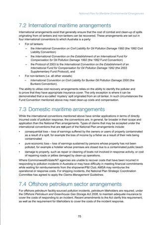 National Plan for Maritime Environmental Emergencies 
7.2 International maritime arrangements 
International arrangements exist that generally ensure that the cost of combat and clean-up of spills 
originating from oil tankers and non-tankers can be recovered. These arrangements are set out in 
four international conventions to which Australia is a party: 
• For oil tankers: 
– the International Convention on Civil Liability for Oil Pollution Damage 1992 (the 1992 Civil 
Liability Convention) 
– the International Convention on the Establishment of an International Fund for 
Compensation for Oil Pollution Damage 1992 (the 1992 Fund Convention) 
– the Protocol of 2003 to the International Convention on the Establishment of an 
International Fund for Compensation for Oil Pollution Damage 1992 (the 2003 
Supplementary Fund Protocol), and 
• For non-tankers (i.e. all other vessels) 
– International Convention on Civil Liability for Bunker Oil Pollution Damage 2000 (the 
Bunkers Convention). 
The ability to utilise cost recovery arrangements relies on the ability to identify the polluter and 
to prove that they have appropriate insurance cover. The only exception is where it can be 
demonstrated that a so-called ‘mystery’ spill originated from an oil tanker. In such circumstances the 
Fund Convention mentioned above may meet clean-up costs and compensation. 
7.3 Domestic maritime arrangements 
While the international conventions mentioned above have similar applications in terms of directly 
incurred costs of pollution response, the conventions are, in general, far broader in their scope and 
application than the National Plan arrangements. Types of claims that may be accepted under the 
international conventions that are not part of the National Plan arrangements include: 
• consequential loss – loss of earnings suffered by the owners or users of property contaminated 
as a result of a spill, for example the loss of income by a fisher as a result of their nets being 
contaminated 
• pure economic loss – loss of earnings sustained by persons whose property has not been 
polluted, for example a hotelier whose premises are closed due to a contaminated public beach 
• damage to property, such as repair or cleaning of boats not involved in response activity, or cost 
of repairing roads or jetties damaged by clean-up operations. 
Where Commonwealth/state/NT agencies are unable to recover costs that have been incurred in 
responding to pollution incidents in Australia or may have difficulty in meeting financial commitments 
while waiting for reimbursements from the shipowner/P&I Club, AMSA may reimburse the 
operational or response costs. For shipping incidents, the National Plan Strategic Coordination 
Committee has agreed to apply the Claims Management Guidelines. 
7.4 Offshore petroleum sector arrangements 
For offshore petroleum facility-sourced pollution incidents, petroleum titleholders are required, under 
the Offshore Petroleum and Greenhouse Gas Storage Act 2006, to maintain adequate insurance to 
cover the costs of responding to an incident. Recent amendments to the Act clarify this requirement, 
as well as the requirement for titleholders to cover the costs of the incident response. 
75 
 