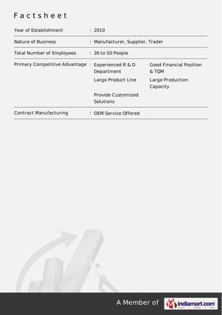 Factsheet
Year of Establishment

: 2010

Nature of Business

: Manufacturer, Supplier, Trader

Total Number of Employees

: 26 to 50 People

Primary Competitive Advantage : Experienced R & D

Good Financial Position

Department

& TQM

Large Product Line

Large Production
Capacity

Provide Customized
Solutions
Contract Manufacturing

: OEM Service Offered

A Member of

 