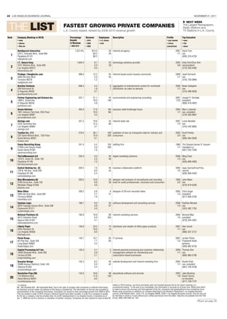 24 LOS ANGELES BUSINESS JOURNAL                                                                    NOVEMBER 21, 2011

                                                                                            NEXT WEEK

 THE LIST                         FASTEST GROWING PRIVATE COMPANIES
                                  L.A. County-based; ranked by 2008-2010 revenue growth
                                                                                          The Largest Newspapers,
                                                                                          Radio Stations and
                                                                                          TV Stations in L.A. County




                                                                                                     Please see page 26
 