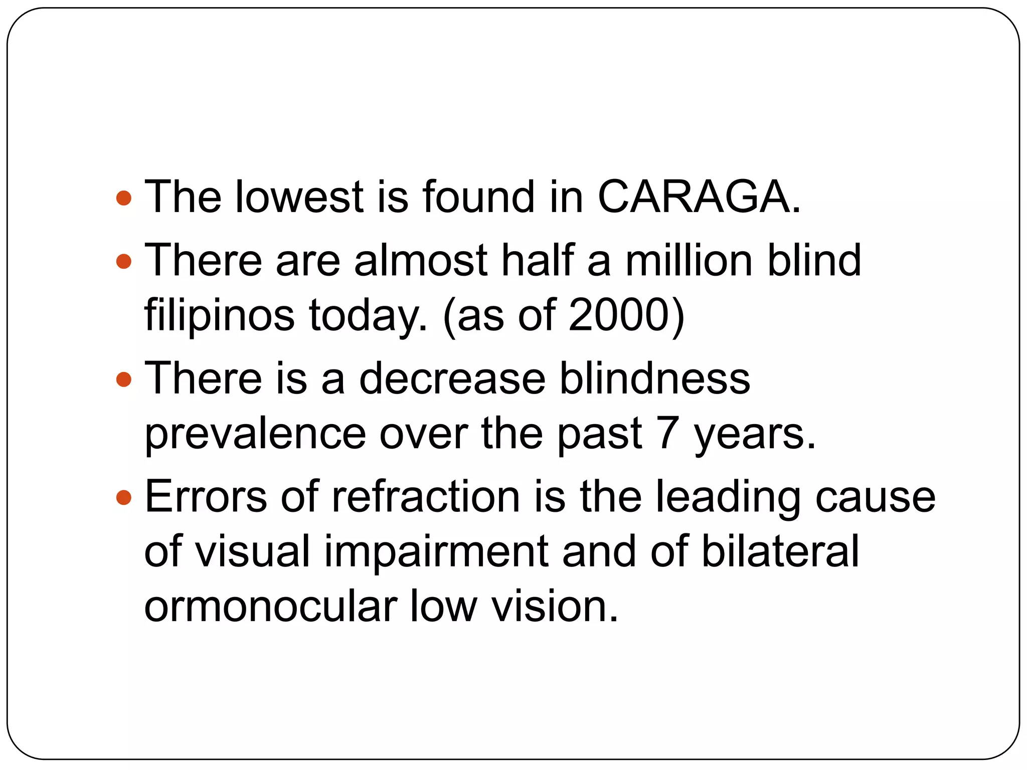  The lowest is found in CARAGA.
 There are almost half a million blind
  filipinos today. (as of 2000)
 There is a decrease blindness
  prevalence over the past 7 years.
 Errors of refraction is the leading cause
  of visual impairment and of bilateral
  ormonocular low vision.
 