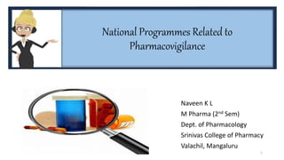 National Programmes Related to
Pharmacovigilance
Naveen K L
M Pharma (2nd Sem)
Dept. of Pharmacology
Srinivas College of Pharmacy
Valachil, Mangaluru
1
 