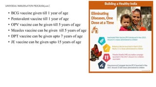 UNIVERSAL IMMUNIzATION PROGRAM(cont.)
• BCG vaccine given till 1 year of age
• Pentavalent vaccine till 1 year of age
• OPV vaccine can be given till 5 years of age
• Measles vaccine can be given till 5 years of age
• DPT vaccine can be given upto 7 years of age
• JE vaccine can be given upto 15 years of age
 