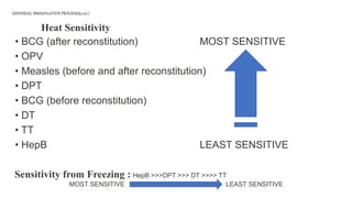 UNIVERSAL IMMUNIzATION PROGRAM(cont.)
• BCG (after reconstitution) MOST SENSITIVE
• OPV
• Measles (before and after reconstitution)
• DPT
• BCG (before reconstitution)
• DT
• TT
• HepB LEAST SENSITIVE
Heat Sensitivity
Sensitivity from Freezing : HepB >>>DPT >>> DT >>>> TT
MOST SENSITIVE LEAST SENSITIVE
 