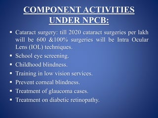 COMPONENT ACTIVITIES
UNDER NPCB:
 Cataract surgery: till 2020 cataract surgeries per lakh
will be 600 &100% surgeries will be Intra Ocular
Lens (IOL) techniques.
 School eye screening.
 Childhood blindness.
 Training in low vision services.
 Prevent corneal blindness.
 Treatment of glaucoma cases.
 Treatment on diabetic retinopathy.
 