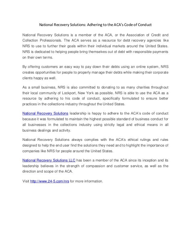 national recovery solutions llc adhering to the aca s code of condu
