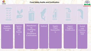Supplier
Assurance
Audit
Agricu-
luture
and
Farmin
g
Manufacturi-
ng,
Packaging
and
Distribution
Certifications
Seafood Supply
Chain
Sustainabili-
ty
Import
Supplier
Certification
Switch
your
Certifica-
tion to
NSF
Food Safety Audits and Certification
 