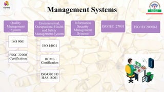 Management Systems
Quality
Management
System
ISO 9001
FSSC 22000
Certification
Environmental,
Occupational Health
and Safety
Management System
ISO 14001
RCMS
Certification
ISO45001/O
HAS 18001
Information
Security
Management
Systems
ISO/IEC 27001 ISO/IEC20000-1
 