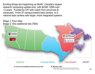 Exciting things are happening up North! Canada’s largest
research computing update ever, with $CAD 125M over
~3 years. Funded by CFI with match from provinces &
campuses. From 27 campus-based data centers, to 5
national data centers with larger, more integrated systems
Stage 1: Four sites
Stage 2: One additional site (TBA)
10
 