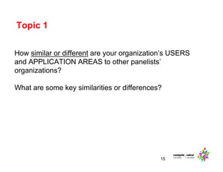 Topic 1
15
How similar or different are your organization’s USERS
and APPLICATION AREAS to other panelists’
organizations?...
