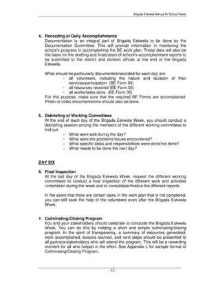 Brigada Eskwela Manual for School Heads
- 12 -
4. Recording of Daily Accomplishments
Documentation is an integral part of Brigada Eskwela to be done by the
Documentation Committee. This will provide information in monitoring the
school’s progress in accomplishing the BE work plan. These data will also be
the basis for the drafting and finalization of school’s accomplishment reports to
be submitted to the district and division offices at the end of the Brigada
Eskwela.
What should be particularly documented/recorded for each day are:
- all volunteers, including the nature and duration of their
services/participation (BE Form 04)
- all resources received (BE Form 05)
- all works/tasks done (BE Form 06)
For this purpose, make sure that the required BE Forms are accomplished.
Photo or video documentations should also be done.
5. Debriefing of Working Committees
At the end of each day of the Brigada Eskwela Week, you should conduct a
debriefing session among the members of the different working committees to
find out:
- What went well during the day?
- What were the problems/issues encountered?
- What specific tasks and responsibilities were done/not done?
- What needs to be done the next day?
DAY SIX
6. Final Inspection
At the last day of the Brigada Eskwela Week, request the different working
committees to conduct a final inspection of the different work and activities
undertaken during the week and to consolidate/finalize the different reports.
In the event that there are certain tasks in the work plan that is not completed,
you can still seek the help of the volunteers even after the Brigada Eskwela
Week.
7. Culminating/Closing Program
You and your stakeholders should celebrate to conclude the Brigada Eskwela
Week. You can do this by holding a short and simple culminating/closing
program. In the spirit of transparency, a summary of resources generated,
work accomplished, lessons learned, and next steps should be presented to
all partners/stakeholders who will attend the program. This will be a rewarding
moment for all who helped in the effort. See Appendix L for sample format of
Culminating/Closing Program.
 