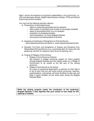 Brigada Eskwela Manual for School Heads
- 13 -
While the closing program marks the conclusion of the week-long
Brigada Eskwela, it also signifies that your school is now ready for the
opening of classes.
Again, ensure the presence of prominent stakeholders in the community, i.e.,
LGU and barangay officials, DepED district/division officials, PTCA and School
Governing Council members.
You may find the following activities relevant:
a) Presentation of Accomplishments
- report on resources generated and its utilization
- total number of volunteers and number of hours/days rendered
- report of accomplishments viz-a-viz workplan
- evaluation of completed activities
- recommendations for future Brigada Eskwela
- future plans and tasks/projects to be done
b) Awarding of Certificate of Recognition to Partners/Donors
Allow selected partners/volunteers to share experiences/testimonies.
c) Symbolic Turn-Over and Acceptance of Outputs and Donations from
Stakeholders/Partners/Donors (e.g. ornamental plant for those who did
gardening, hammer for carpentry, paint brush for painting, etc.)
d) Forging of Pledges of Commitment
• Pledge of Commitment by Partners
Ask partners to pledge continuing support for future projects
through Brigada Eskwela and this maybe written as a Pledge of
Commitment to be recited at the last part of the closing
ceremony.
• Pledge of Commitment by the School
As a way of expressing appreciation to partners for their help is
to tell to them that you and entire school community: teachers,
pupils/students, and parents, will exert all efforts to take care and
keep in good condition all the works done during the Brigada
Eskwela Week.
 