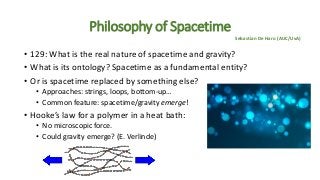 Philosophy of Spacetime
• 129: What is the real nature of spacetime and gravity?
• What is its ontology? Spacetime as a fundamental entity?
• Or is spacetime replaced by something else?
• Approaches: strings, loops, bottom-up…
• Common feature: spacetime/gravity emerge!
• Hooke’s law for a polymer in a heat bath:
• No microscopic force.
• Could gravity emerge? (E. Verlinde)
Sebastian De Haro (AUC/UvA)
 