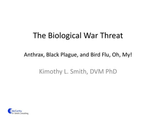 The Biological War Threat

Anthrax, Black Plague, and Bird Flu, Oh, My!

      Kimothy L. Smith, DVM PhD
 