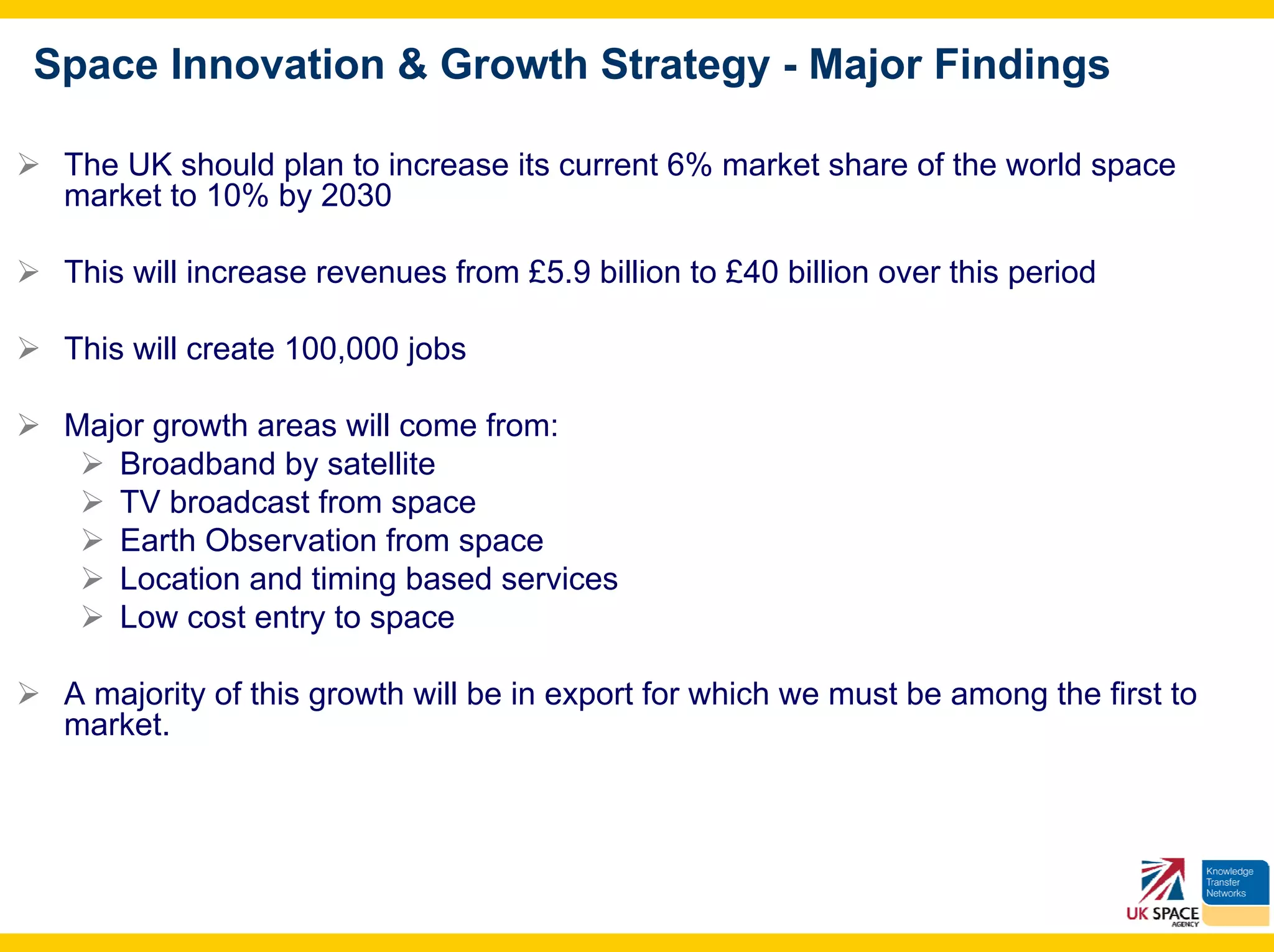Space Innovation & Growth Strategy - Major Findings

 The UK should plan to increase its current 6% market share of the world space
 market to 10% by 2030

 This will increase revenues from £5.9 billion to £40 billion over this period

 This will create 100,000 jobs

 Major growth areas will come from:
    Broadband by satellite
    TV broadcast from space
    Earth Observation from space
    Location and timing based services
    Low cost entry to space

 A majority of this growth will be in export for which we must be among the first to
 market.
 