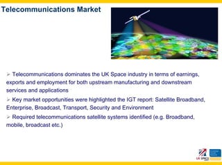 Telecommunications Market




   Telecommunications dominates the UK Space industry in terms of earnings,
 exports and employment for both upstream manufacturing and downstream
 services and applications
   Key market opportunities were highlighted the IGT report: Satellite Broadband,
 Enterprise, Broadcast, Transport, Security and Environment
  Required telecommunications satellite systems identified (e.g. Broadband,
 mobile, broadcast etc.)
 