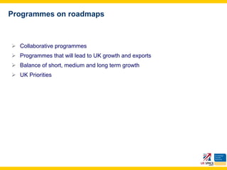 Programmes on roadmaps



  Collaborative programmes
  Programmes that will lead to UK growth and exports
  Balance of short, medium and long term growth
  UK Priorities
 