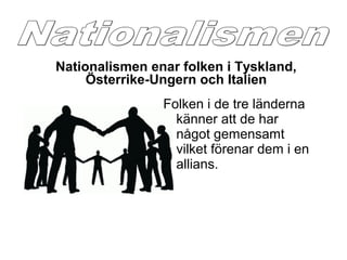 Folken i de tre länderna
känner att de har
något gemensamt
vilket förenar dem i en
allians.
Nationalismen enar folken i Tyskland,
Österrike-Ungern och Italien
 