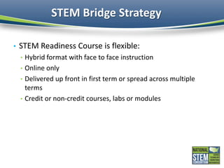 STEM Bridge Strategy
• STEM Readiness Course is flexible:
• Hybrid format with face to face instruction
• Online only
• De...