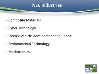 NSC Industries
• Composite Materials
• Cyber Technology
• Electric Vehicle Development and Repair
• Environmental Technolo...