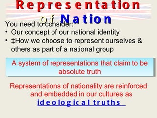 R e p r e s e n t a t io n
          oconsider:a t i o n
You need to f N
• Our concept of our national identity
• ‡How we choose to represent ourselves &
  others as part of a national group

 A system of representations that claim to be
                absolute truth

 Representations of nationality are reinforced
      and embedded in our cultures as
        id e o lo g ic a l t r u t h s
 