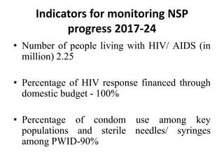 Indicators for monitoring NSP
progress 2017-24
• Number of people living with HIV/ AIDS (in
million) 2.25
• Percentage of HIV response financed through
domestic budget - 100%
• Percentage of condom use among key
populations and sterile needles/ syringes
among PWID-90%
 