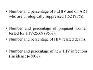 • Number and percentage of PLHIV and on ART
who are virologically suppressed 1.52 (95%).
• Number and percentage of pregnant women
tested for HIV-25.69 (95%).
• Number and percentage of HIV related deaths.
• Number and percentage of new HIV infections
(Incidence)-(80%).
 