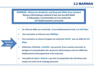 3.2 MARWAN
MARWAN : Moroccan Academic and Research Wide Area network
Réseau informatique national à but non lucratif dédié
à l’éducation, à la formation et à la recherche
130 établissements connectés
 Un choix de débit aux universités et aux établissements entre 2 et 100 Mbps
 Une connexion à l’Internet avec 600Mbps
 Une connexion au réseau Européen de recherche GEANT avec un débit de 155
Mbps
 Fédération d’Identité « EduIDM » qui permet, d’une manière sécurisée, le
partage et la mutualisation des ressources électroniques entre les différents
établissements d’enseignement et de recherche
 Une grille de calcul « MaGrid » qui met à la disposition des chercheurs des
moyens de calcul et de stockage puissants
Services
offerts
 