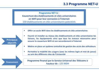 3.3 Programme NET-U
Programme NET-U :
Couverture des établissements et cités universitaires
en WIFI pour leur connexion à l’internet
150 établissements et cités universitaires potentiels
 Offrir un accès WIFI dans les établissements et cités universitaires
 Fournir et installer au niveau des établissements et cités universitaires les
liaisons, les équipements ainsi que tous les travaux nécessaires pour
assurer la couverture WIFI et son raccordement à l’Internet
 Mettre en place un système centralisé de gestion des accès des utilisateurs
 Permettre la mobilité des usagers (avec les mêmes login et mot de passe)
au sein des différents sites de l’Université
Principaux
objectifs
Financement
Programme financé par le Service Universel des Télécoms à
hauteur de : 125 MDH
 