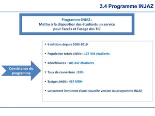 3.4 Programme INJAZ
Programme INJAZ :
Mettre à la disposition des étudiants un service
pour l’accès et l’usage des TIC
 6 éditions depuis 2009-2010
 Population totale ciblée : 127 446 étudiants
 Bénéficiaires : 105 847 étudiants
 Taux de couverture : 83%
 Budget dédié : 434 MDH
 Lancement imminent d’une nouvelle version du programme INJAZ
Consistance du
programme
 