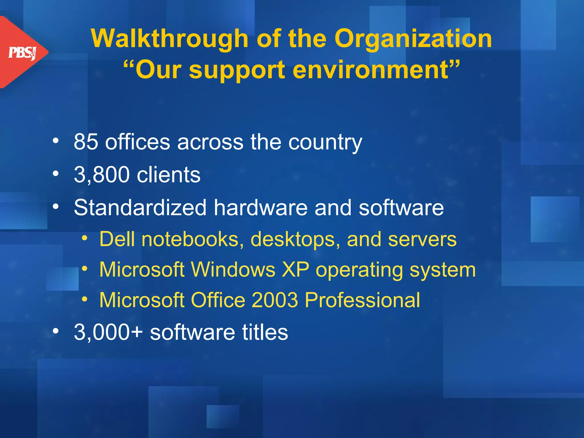 Walkthrough of the Organization
“Our support environment”
• 85 offices across the country
• 3,800 clients
• Standardized hardware and software
• Dell notebooks, desktops, and servers
• Microsoft Windows XP operating system
• Microsoft Office 2003 Professional

• 3,000+ software titles

 