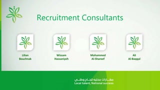 Recruitment Consultants
Wissam
Hassaniyeh
Mohammed
Al-Shareef
Ali
Al-Baqqal
Lilian
Bouchnak
 