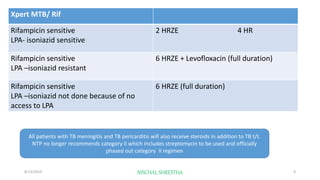 Xpert MTB/ Rif
Rifampicin sensitive
LPA- isoniazid sensitive
2 HRZE 4 HR
Rifampicin sensitive
LPA –isoniazid resistant
6 HRZE + Levofloxacin (full duration)
Rifampicin sensitive
LPA –isoniazid not done because of no
access to LPA
6 HRZE (full duration)
All patients with TB meningitis and TB pericarditis will also receive steroids in addition to TB t/t.
NTP no longer recommends category II which includes streptomycin to be used and officially
phased out category II regimen
8/13/2019 NISCHAL SHRESTHA 4
 