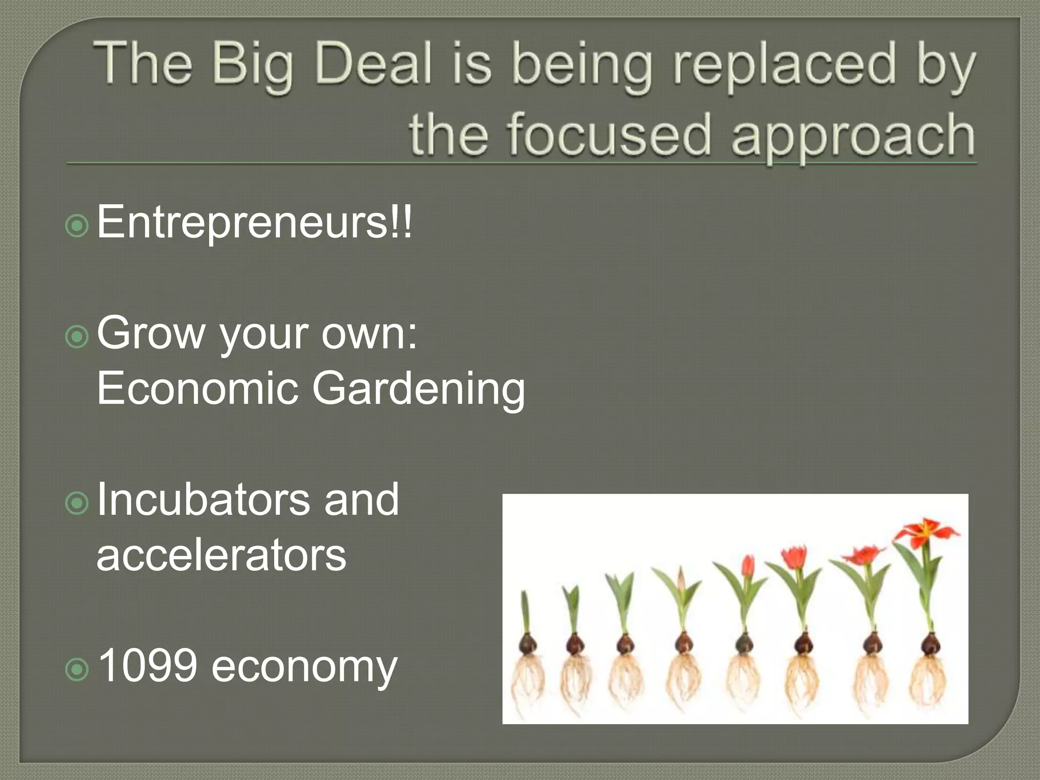  Entrepreneurs!!


 Growyour own:
 Economic Gardening

 Incubatorsand
 accelerators

 1099   economy
 