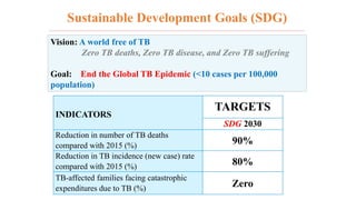Vision: A world free of TB
Zero TB deaths, Zero TB disease, and Zero TB suffering
Goal: End the Global TB Epidemic (<10 cases per 100,000
population)
Sustainable Development Goals (SDG)
INDICATORS
TARGETS
SDG 2030
Reduction in number of TB deaths
compared with 2015 (%)
90%
Reduction in TB incidence (new case) rate
compared with 2015 (%)
80%
TB-affected families facing catastrophic
expenditures due to TB (%)
Zero
 