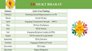 TB MUKT BHARAT
January Active Case Findings
February Orienting Elected Representatives on TB
March World TB Day
April Engaging Communities through – HWCs
May TB Free Workplaces
June TB & Women
July Engaging Religious Leaders & PRIs
August TB Prevention & Lung Health
September TB & Nutrition
October Engaging Children & Youth
November TB Camps
December Stigma Mitigation
 