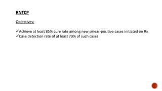 RNTCP
Objectives:
Achieve at least 85% cure rate among new smear-positive cases initiated on Rx
Case detection rate of at least 70% of such cases
 