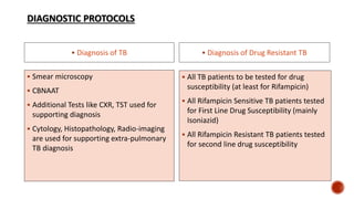 DIAGNOSTIC PROTOCOLS
 Diagnosis of TB
 Smear microscopy
 CBNAAT
 Additional Tests like CXR, TST used for
supporting diagnosis
 Cytology, Histopathology, Radio-imaging
are used for supporting extra-pulmonary
TB diagnosis
 Diagnosis of Drug Resistant TB
 All TB patients to be tested for drug
susceptibility (at least for Rifampicin)
 All Rifampicin Sensitive TB patients tested
for First Line Drug Susceptibility (mainly
Isoniazid)
 All Rifampicin Resistant TB patients tested
for second line drug susceptibility
 