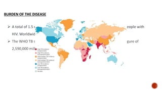 BURDEN OF THE DISEASE
 A total of 1.5 million people died from TB in 2020 (including 214 000 people with
HIV. Worldwide,
 The WHO TB statistics for India for 2021 give an estimated incidence figure of
2,590,000 million cases. this is a rate of 188 per 100,000 population
 