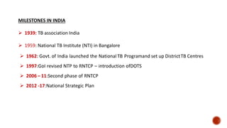 MILESTONES IN INDIA
 1939: TB association India
 1959: National TB Institute (NTI) in Bangalore
 1962: Govt. of India launched the National TB Programand set up DistrictTB Centres
 1997:GoI revised NTP to RNTCP – introduction ofDOTS
 2006 – 11:Second phase of RNTCP
 2012 -17:National Strategic Plan
 