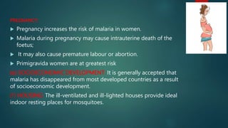 PREGNANCY:
 Pregnancy increases the risk of malaria in women.
 Malaria during pregnancy may cause intrauterine death of the
foetus;
 It may also cause premature labour or abortion.
 Primigravida women are at greatest risk
(e) SOCIOECONOMIC DEVELOPMENT: It is generally accepted that
malaria has disappeared from most developed countries as a result
of socioeconomic development.
(f) HOUSING: The ill-ventilated and ill-lighted houses provide ideal
indoor resting places for mosquitoes.
 